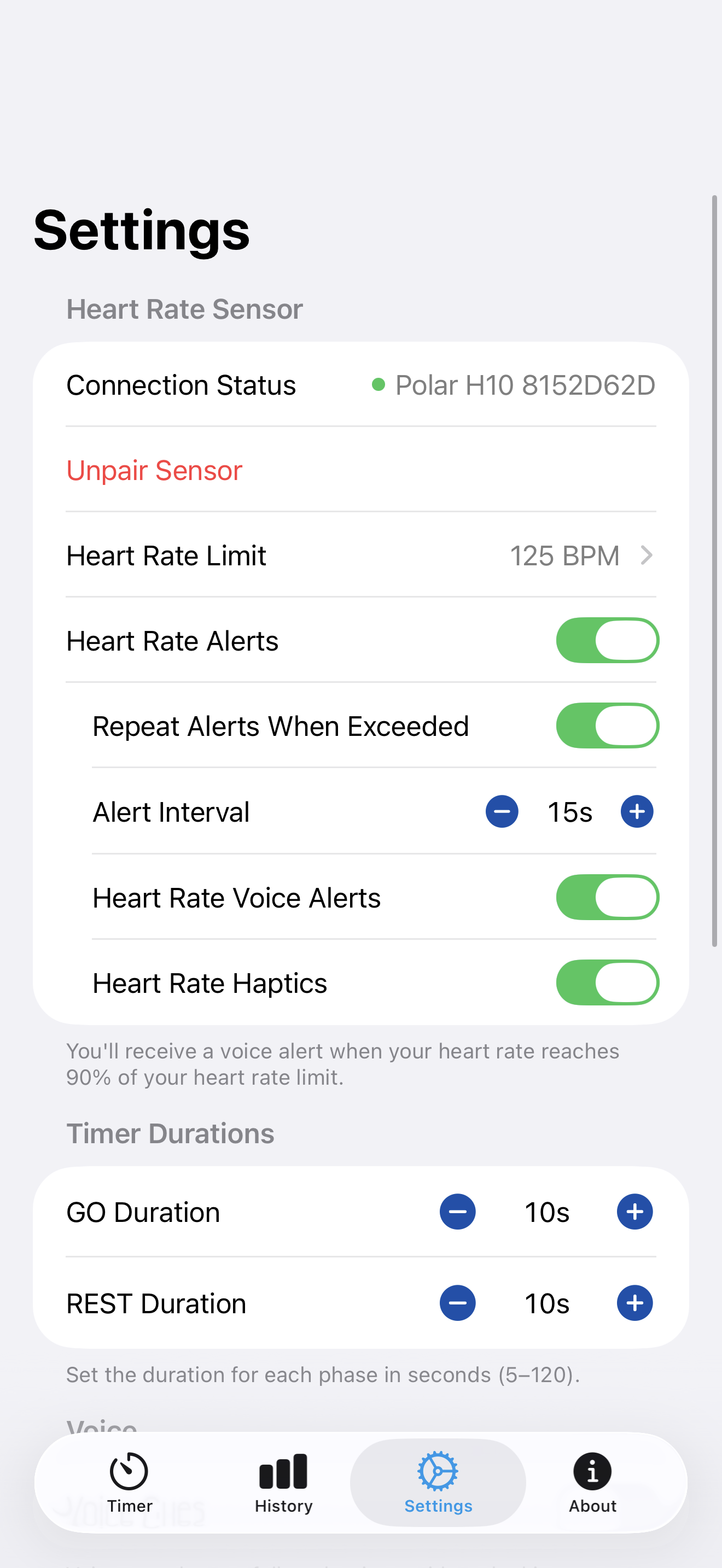 Settings screen showing heart rate configuration