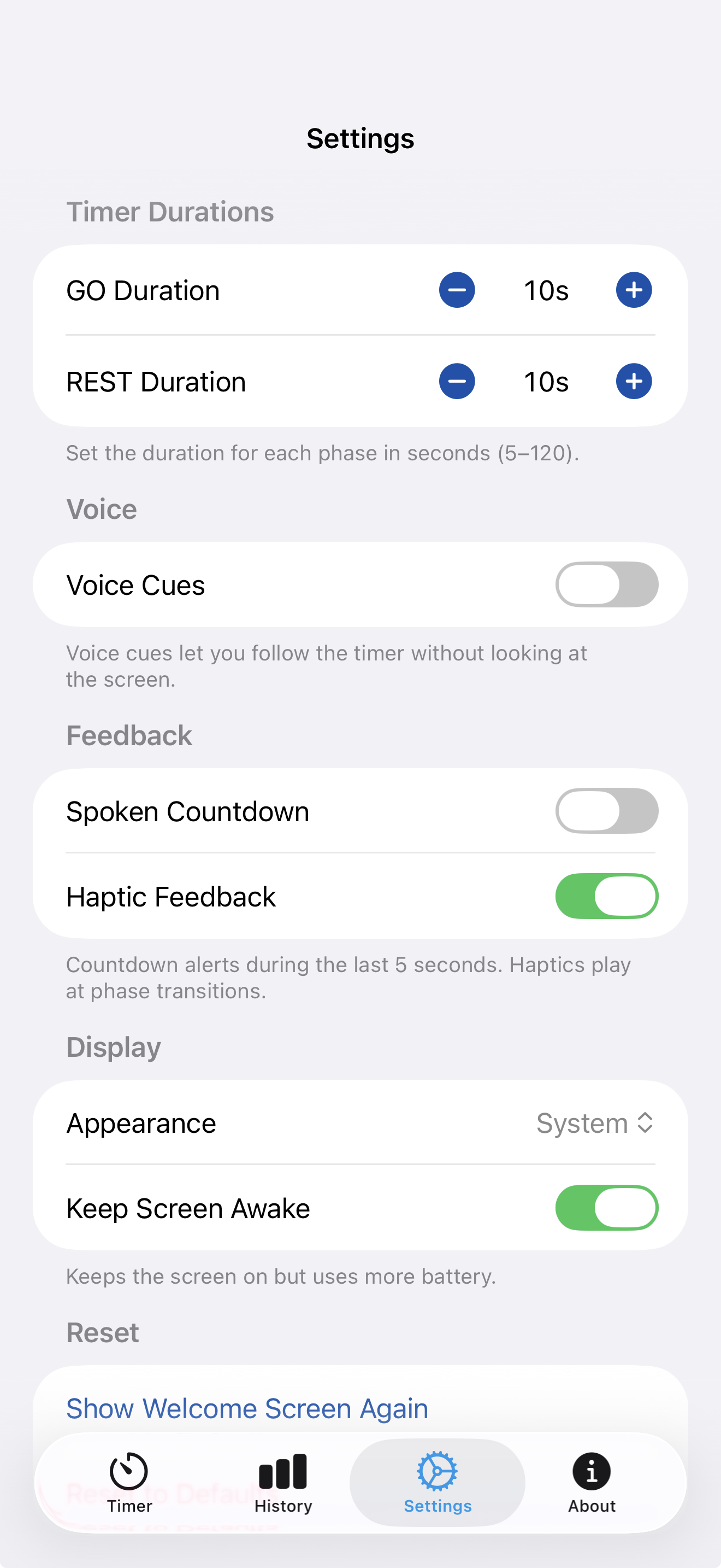 Settings screen with cue and duration options