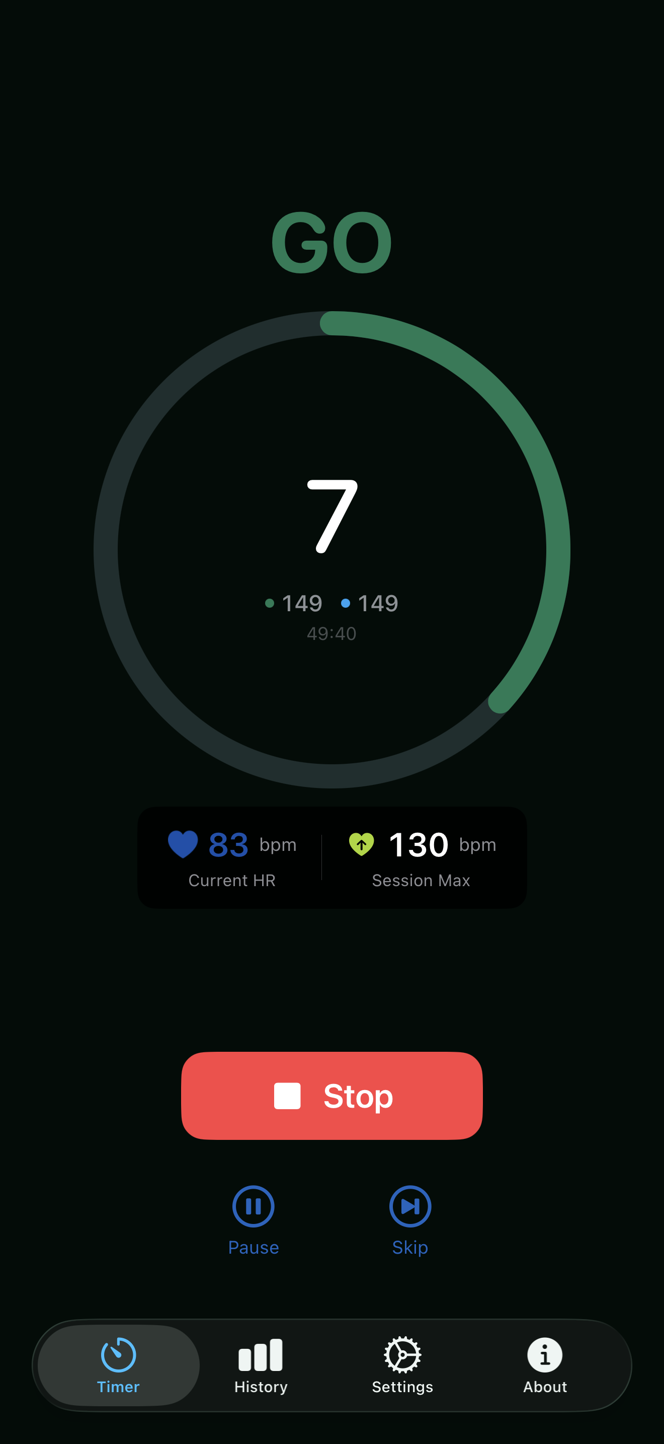 Dark mode timer showing GO phase with heart rate